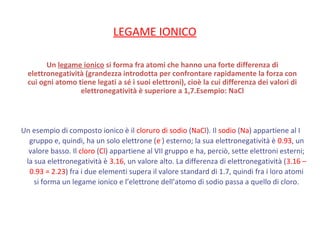 Un legame ionico si forma fra atomi che hanno una forte differenza di
elettronegatività (grandezza introdotta per confrontare rapidamente la forza con
cui ogni atomo tiene legati a sé i suoi elettroni), cioè la cui differenza dei valori di
elettronegatività è superiore a 1,7.Esempio: NaCl
LEGAME IONICO
Un esempio di composto ionico è il cloruro di sodio (NaCl). Il sodio (Na) appartiene al I
gruppo e, quindi, ha un solo elettrone (e-
) esterno; la sua elettronegatività è 0.93, un
valore basso. Il cloro (Cl) appartiene al VII gruppo e ha, perciò, sette elettroni esterni;
la sua elettronegatività è 3.16, un valore alto. La differenza di elettronegatività (3.16 –
0.93 = 2.23) fra i due elementi supera il valore standard di 1.7, quindi fra i loro atomi
si forma un legame ionico e l’elettrone dell’atomo di sodio passa a quello di cloro.
 