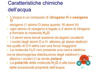 • L’acqua è un composto di idrogeno H e ossigeno
O
ossigeno (1 atomo O pesa quanto 16 atomi H)
• ogni atomo di ossigeno è legato a 2 atomi di idrogeno
a formare la molecola H2O
• I 3 atomi sono tenuti assieme da legami covalenti
• i nuclei degli atomi O e H attirano gli stessi elettroni
ma quello di O li attira con una forza maggiore!
• La molecola H2O non presenta una carica elettrica,
ma la disomogenea distribuzione degli elettroni (−)
attorno i nuclei (+) la rende polare
• La polarità della molecola H2O è alla base
delle eccezionali proprietà dell’acqua
Caratteristiche chimiche
dell’acqua
O
H H
-
-
-
- -
-
δ −−
δ+
-
 