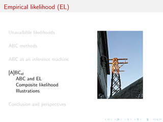Empirical likelihood (EL)
Unavailable likelihoods
ABC methods
ABC as an inference machine
[A]BCel
ABC and EL
Composite likelihood
Illustrations
Conclusion and perspectives
 