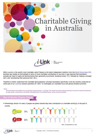 Charitable Giving
                                                         in Australia




Which country is the world’s most charitable nation? Based on the latest independent statistics from the World Giving Index 2011,
Australia was ranked as third globally in terms of total charitable contributions of any kind. It was reported that Australians
annually per head of capita are demonstrating their generosity by primarily ‘donating money’ (71%), followed by ‘helping a stranger’
(68%) and ‘volunteering their personal time’ (36%).
Therefore to better understand the charitable giving behaviour amongst Australians specifically, i-Link has recently conducted an
online poll of our LiveTribe research panelists (N = 620)* to investigate our charitable focus and general donation priorities.

* Note :
     All respondents were polled via our proprietary research panel – “LiveTribe” The sample was drawn representatively to match the national distribution
                                                                                .
    for age, gender and location in Australia, with application of soft representative quota controls thereafter.


Past 12 Months Charity Givers

> Interestingly, almost 4 in every 5 people we polled claimed they have contributed to a charitable activity(s) in the past 12
  months.

                        YES         77%

                         NO         23%
                                                                                                       Base : All respondents (N = 620)



                                                          Copyright c 2012 i-Link Research Solutions                                                         1
 