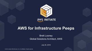 © 2018, Amazon Web Services, Inc. or its Affiliates. All rights reserved.
Brett Looney
Global Solutions Architect, AWS
July 20, 2018
AWS for Infrastructure Peeps
 