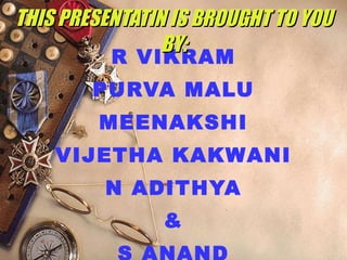 R VIKRAM PURVA MALU MEENAKSHI VIJETHA KAKWANI N ADITHYA & S ANAND THIS PRESENTATIN IS BROUGHT TO YOU BY: 