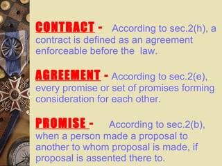 CONTRACT  -   According to sec.2(h), a contract is defined as an agreement enforceable before the  law. AGREEMENT  -   According to sec.2(e), every promise or set of promises forming consideration for each other. PROMISE  -   According to sec.2(b), when a person made a proposal to another to whom proposal is made, if proposal is assented there to.  