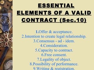 ESSENTIAL ELEMENTS OF A VALID CONTRACT (Sec.10) 1. Offer & acceptance. 2.Intention to create legal relationship. 3.Consensus - ad - idem. 4.Consideration. 5.Capacity to contract. 6.Free consent. 7.Legality of object. 8.Possibility of performance. 9.Writing & registration. 
