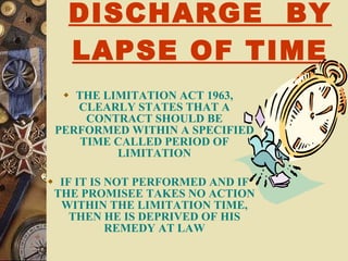 DISCHARGE  BY LAPSE OF TIME THE LIMITATION ACT 1963, CLEARLY STATES THAT A CONTRACT SHOULD BE PERFORMED WITHIN A SPECIFIED TIME CALLED PERIOD OF LIMITATION IF IT IS NOT PERFORMED AND IF THE PROMISEE TAKES NO ACTION WITHIN THE LIMITATION TIME, THEN HE IS DEPRIVED OF HIS REMEDY AT LAW 