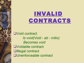 INVALID CONTRACTS Void contract   Is void(Void - ab - initio)    Becomes void Voidable contract Illegal contract Unenforceable contract 