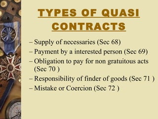 TYPES OF QUASI CONTRACTS Supply of necessaries (Sec 68) Payment by a interested person (Sec 69) Obligation to pay for non gratuitous acts (Sec 70 ) Responsibility of finder of goods (Sec 71 ) Mistake or Coercion (Sec 72 ) 
