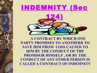 INDEMNITY (Sec 124) A CONTRACT BY WHICH ONE PARTY PROMISES TO ANOTHERR TO SAVE HIM FROM  LOSS CAUSED TO HIM BY THE CONDUCT OF THE PROMISOR HIMSELF , OR BY THE CONDUCT OF ANY OTHER PERSON IS CALLED A CONTRACT OF INDEMNITY  