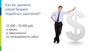 14
Как вы думаете,
каков бюджет
подобных кампаний?
25 000 – 50 000 руб.
в месяц
в зависимости
от посещаемости сайта
 