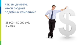 5
Как вы думаете,
каков бюджет
подобных кампаний?
25 000 – 50 000 руб.
в месяц
 