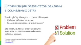 7
Оптимизация результатов рекламы
в социальных сетях
Без Google Tag Manager – по смене URL-адреса:
• События работают не всегда
• Рекламная платформа не видит звонки*
Это печально, так как стратегии закупки
аудитории по совершенным действиям,
работают хорошо.
*Технологический партнер i-Media по отслеживанию
звонков – сервис
call-tracking.ru
 