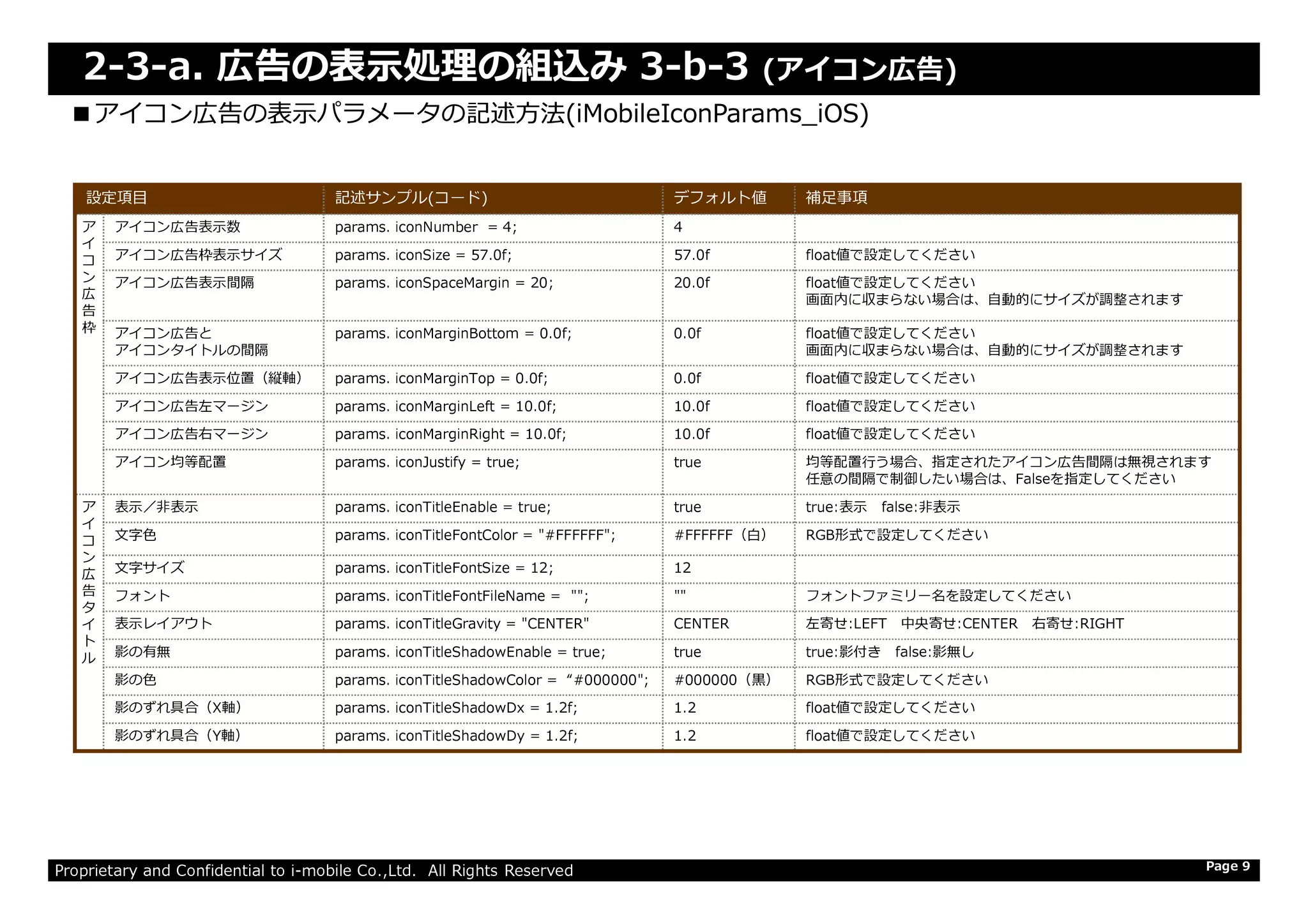 設定項目 記述サンプル(コード) デフォルト値 補足事項
ア
イ
コ
ン
広
告
枠
アイコン広告表示数 params. iconNumber = 4; 4
アイコン広告枠表示サイズ params. iconSize = 57.0f; 57.0f float値で設定してください
アイコン広告表示間隔 params. iconSpaceMargin = 20; 20.0f float値で設定してください
画面内に収まらない場合は、自動的にサイズが調整されます
アイコン広告と
アイコンタイトルの間隔
params. iconMarginBottom = 0.0f; 0.0f float値で設定してください
画面内に収まらない場合は、自動的にサイズが調整されます
アイコン広告表示位置（縦軸） params. iconMarginTop = 0.0f; 0.0f float値で設定してください
アイコン広告左マージン params. iconMarginLeft = 10.0f; 10.0f float値で設定してください
アイコン広告右マージン params. iconMarginRight = 10.0f; 10.0f float値で設定してください
アイコン均等配置 params. iconJustify = true; true 均等配置⾏う場合、指定されたアイコン広告間隔は無視されます
2-3-a. 広告の表⽰処理の組込み 3-b-3 (アイコン広告)
■アイコン広告の表示パラメータの記述方法■アイコン広告の表示パラメータの記述方法((iMobileIconParams_iOSiMobileIconParams_iOS))
Proprietary and Confidential to i-mobile Co.,Ltd. All Rights Reserved Page 9
アイコン均等配置 params. iconJustify = true; true 均等配置⾏う場合、指定されたアイコン広告間隔は無視されます
任意の間隔で制御したい場合は、Falseを指定してください
ア
イ
コ
ン
広
告
タ
イ
ト
ル
表示／非表示 params. iconTitleEnable = true; true true:表示 false:非表示
文字色 params. iconTitleFontColor = "#FFFFFF"; #FFFFFF（白） RGB形式で設定してください
文字サイズ params. iconTitleFontSize = 12; 12
フォント params. iconTitleFontFileName = ""; "" フォントファミリー名を設定してください
表示レイアウト params. iconTitleGravity = "CENTER" CENTER 左寄せ:LEFT 中央寄せ:CENTER 右寄せ:RIGHT
影の有無 params. iconTitleShadowEnable = true; true true:影付き false:影無し
影の色 params. iconTitleShadowColor = “#000000"; #000000（⿊） RGB形式で設定してください
影のずれ具合（X軸） params. iconTitleShadowDx = 1.2f; 1.2 float値で設定してください
影のずれ具合（Y軸） params. iconTitleShadowDy = 1.2f; 1.2 float値で設定してください
 