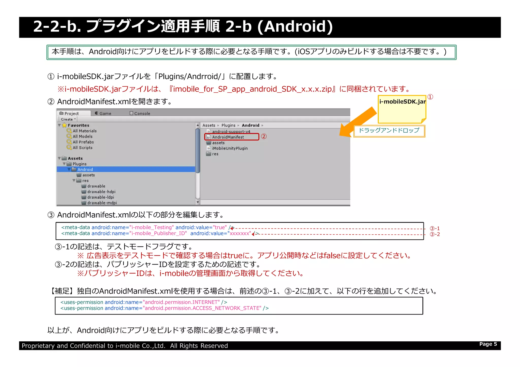 2-2-b. プラグイン適用手順 2-b (Android)
① i-mobileSDK.jarファイルを「Plugins/Andrroid/」に配置します。
※i-mobileSDK.jarファイルは、『imobile_for_SP_app_android_SDK_x.x.x.zip』に同梱されています。
② AndroidManifest.xmlを開きます。
本手順は、Android向けにアプリをビルドする際に必要となる手順です。(iOSアプリのみビルドする場合は不要です。)
i-mobileSDK.jar
②
①
ドラッグアンドドロップ
Proprietary and Confidential to i-mobile Co.,Ltd. All Rights Reserved Page 5
③ AndroidManifest.xmlの以下の部分を編集します。
③-1の記述は、テストモードフラグです。
※ 広告表示をテストモードで確認する場合はtrueに。アプリ公開時などはfalseに設定してください。
③-2の記述は、パブリッシャーIDを設定するための記述です。
※パブリッシャーIDは、i-mobileの管理画⾯から取得してください。
【補足】独自のAndroidManifest.xmlを使用する場合は、前述の③-1、③-2に加えて、以下の⾏を追加してください。
以上が、Android向けにアプリをビルドする際に必要となる手順です。
<meta-data android:name="i-mobile_Testing" android:value="true" />
<meta-data android:name="i-mobile_Publisher_ID" android:value="xxxxxxx" /> ③-2
③-1
<uses-permission android:name="android.permission.INTERNET" />
<uses-permission android:name="android.permission.ACCESS_NETWORK_STATE" />
 