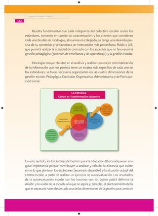 Programa Escuelas de Calidad

142


           Resulta fundamental que cada integrante del colectivo escolar revise los
      estándares, tomando en cuenta su caracterización y los criterios que consideran
      cada uno de ellos de modo que, al reunirse en colegiado, se tenga una idea más pre-
      cisa de su contenido y se favorezca un intercambio más provechoso, fluido y útil,
      que permita realizar la actividad de contraste con los aspectos que no favorecen la
      gestión pedagógica (procesos de enseñanza y de aprendizaje) y la gestión escolar.

           Para lograr mayor claridad en el análisis y realizar una mejor sistematización
      de la información que nos permita tener un estatus más específico de cada uno de
      los estándares, se hace necesario organizarlos en las cuatro dimensiones de la
      gestión escolar: Pedagógica Curricular, Organizativa, Administrativa y de Participa-
      ción Social.


                                                           LA ESCUELA:
                                                Centro de Transformación Educativa


                                                                                                 Parámetros
                                                                 DIMENSIÓN                     para alcanzar la
                                                                PEDAGÓGICA                     misión y visión
                                                                CURRICULAR                     escolar: puntos
                                                                                                 de llegada


                                                 DIMENSIÓN                     DIMENSIÓN DE
                                               ADMINISTRATIVA    ESTÁNDARES    PARTICIPACIÓN
                                                                 DE GESTIÓN       SOCIAL



                              Parámetros
                            para realizar la                     DIMENSIÓN
                            autoevaluación                      ORGANIZATIVA
                            escolar: puntos
                               de partida




      En este sentido, los Estándares de Gestión para la Educación Básica adquieren sin-
      gular importancia porque contribuyen a analizar y calcular la distancia que existe
      entre lo que plantean los estándares (escenario deseable) y la situación actual del
      centro escolar, a partir de realizar un ejercicio de autoevaluación. Los resultados
      de la autoevaluación escolar son los insumos con los cuales podrá definirse la
      misión y la visión de la escuela a la que se aspira y, con ello, el planteamiento de lo
      que es necesario hacer desde cada una de las dimensiones de la gestión para construir
 