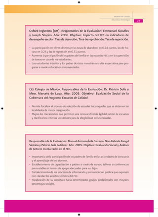 Modelo de Gestión
                                                                           Educativa Estratégica
                                                                                                   27


Oxford Inglaterra (bm). Responsables de la Evaluación: Emmanuel Skoufias
y Joseph Shapiro. Año: 2006. Objetivo: Impacto del Pec en indicadores de
desempeño escolar: Tasa de deserción, Tasa de reprobación, Tasa de repetición.

• La participación en el pec disminuye las tasas de abandono en 0.24 puntos, las de fra-
  caso en 0.24 y las de repetición en 0.31 puntos.
• Aumenta la participación de los padres de familia en las escuelas pec y en la supervisión
  de tareas en casa de los estudiantes.
• Los estudiantes inscritos y los padres de éstos muestran una alta expectativa para pro-
  gresar a niveles educativos más avanzados.




ces Colegio de México. Responsables de la Evaluación: Dr. Patricio Solís y
Mtro. Marcelo de Luca. Año: 2005. Objetivo: Evaluación Social de la
Cobertura del Programa Escuelas de Calidad.

• Permite focalizar el proceso de selección de escuelas hacia aquellas que se sitúan en las
  localidades de mayor marginación.
• Mejora los mecanismos que permiten una renovación más ágil del patrón de escuelas
  y clarifica los criterios universales para la elegibilidad de las escuelas.




Responsables de la Evaluación: Manuel Antonio Ávila Carrasco, Nora Gabriela Rangel
Santana y Patricio Solís Gutiérrez. Año: 2005. Objetivo: Evaluación Social y Análisis
de Actores Involucrados en el Pec.

• Importancia de la participación de los padres de familia en las actividades de la escuela
  y el aprendizaje de los alumnos.
• Establecimiento de capacitación a padres a través de cursos, talleres o conferencias
  para establecer formas de apoyo adecuadas para sus hijos.
• Fortalecimiento de los procesos de información y comunicación pública que expresen
  con claridad los aciertos y límites del pec.
• Focalización de su cobertura hacia determinados grupos poblacionales con mayores
  desventajas sociales.
 