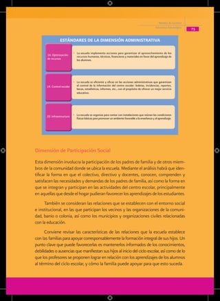 Modelo de Gestión
                                                                                                     Educativa Estratégica
                                                                                                                             75

                  ESTÁNDARES DE LA DIMENSIÓN ADMINISTRATIVA

                             • La escuela implementa acciones para garantizar el aprovechamiento de los
       18. Optimización        recursos humanos, técnicos, financieros y materiales en favor del aprendizaje de
       de recursos             los alumnos.




                             • La escuela es eficiente y eficaz en las acciones administrativas que garantizan
       19. Control escolar     el control de la información del centro escolar: boletas, incidencias, reportes,
                               becas, estadísticas, informes, etc., con el propósito de ofrecer un mejor servicio
                               educativo.




       20. Infraestructura   • La escuela se organiza para contar con instalaciones que reúnan las condiciones
                               físicas básicas para promover un ambiente favorable a la enseñanza y al aprendizaje.




Dimensión de Participación Social
Esta dimensión involucra la participación de los padres de familia y de otros miem-
bros de la comunidad donde se ubica la escuela. Mediante el análisis habrá que iden-
tificar la forma en que el colectivo, directivo y docentes, conocen, comprenden y
satisfacen las necesidades y demandas de los padres de familia, así como la forma en
que se integran y participan en las actividades del centro escolar, principalmente
en aquellas que desde el hogar pudieran favorecer los aprendizajes de los estudiantes.
     También se consideran las relaciones que se establecen con el entorno social
e institucional, en las que participan los vecinos y las organizaciones de la comuni-
dad, barrio o colonia, así como los municipios y organizaciones civiles relacionadas
con la educación.
      Conviene revisar las características de las relaciones que la escuela establece
con las familias para apoyar corresponsablemente la formación integral de sus hijos. Un
punto clave que puede favorecerlas es mantenerlos informados de los conocimientos,
debilidades o ausencias que manifiestan sus hijos al inicio del ciclo escolar, así como de lo
que los profesores se proponen lograr en relación con los aprendizajes de los alumnos
al término del ciclo escolar, y cómo la familia puede apoyar para que esto suceda.
 