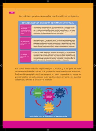Programa Escuelas de Calidad

76

          Los estándares que vienen a puntualizar esta dimensión son los siguientes:

                ESTÁNDARES DE LA DIMENSIÓN DE PARTICIPACIÓN SOCIAL
             15. Funcionamiento • Se compone de representantes de los diversos grupos de la comunidad escolar:
             efectivo del         de alumnos, de maestros, de padres de familia, personas en general de la comuni-
             Consejo Escolar de   dad y el director. Sus propósitos también varían en relación con el cte, los cuales
             Participación Social se orientan al apoyo y desarrollo de actividades de gestión que tienen que ver
             (cePs)               directamente con el aprendizaje de sus hijos en la escuela.



                                     • La escuela incorpora a los padres de familia en diversas actividades que tienen
             16. Participación         conexión con el aprendizaje. Desde la escuela se convoca a los padres de familia
             de los padres en la       para que acudan a ella con múltiples motivos, como el de participar en las clases
             escuela                   que se imparten a los hijos, participar en actividades creativas junto a ellos o en
                                       talleres donde se les dan elementos para apoyar de mejor manera el aprendizaje.



                                     • Cuando los padres de familia se incorporan de esta forma a la escuela, tienen
             17. Apoyo al              más posibilidades de brindar el apoyo que requieren sus hijos. El aprendizaje es más
             aprendizaje en el         significativo y eficaz cuando en el hogar los alumnos hay padres de familia capaces
             hogar                     de continuar en parte con la tarea de enseñar. Además, la comunidad en general
                                       apoya el desarrollo integral de los alumnos estimulando la permanencia en la
                                       escuela y promoviendo valores y actitudes favorables a la vida escolar.




     Las cuatro dimensiones son importantes por sí mismas, y al ser parte del todo
     se encuentran interrelacionadas; si se quisiera dar un ordenamiento a las mismas,
     la dimensión pedagógica curricular ocuparía un papel preponderante, porque es
     preciso focalizar los quehaceres de todas las dimensiones en torno a los aspectos
     académicos, referidos al enseñar y al aprender.
 