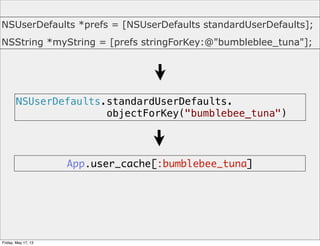 NSUserDefaults.standardUserDefaults.
objectForKey("bumblebee_tuna")
NSUserDefaults *prefs = [NSUserDefaults standardUserDefaults];
NSString *myString = [prefs stringForKey:@"bumbleblee_tuna"];
App.user_cache[:bumblebee_tuna]
Friday, May 17, 13
 