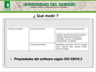¿ Qué medir ? •PropiedadesdelsoftwaresegúnISO25010.3  