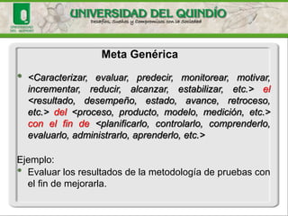 •<Caracterizar,evaluar,predecir,monitorear,motivar, incrementar,reducir,alcanzar,estabilizar,etc.>el<resultado,desempeño,estado,avance,retroceso, etc.>del<proceso,producto,modelo,medición,etc.> conelfinde<planificarlo,controlarlo,comprenderlo, evaluarlo,administrarlo,aprenderlo,etc.> 
Ejemplo: 
•Evaluarlosresultadosdelametodologíadepruebasconelfindemejorarla. 
Meta Genérica  