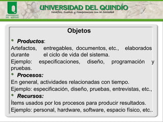 •Productos: 
Artefactos,entregables,documentos,etc.,elaboradosduranteelciclodevidadelsistema. 
Ejemplo:especificaciones,diseño,programaciónypruebas. •Procesos: 
Engeneral,actividadesrelacionadascontiempo. 
Ejemplo:especificación,diseño,pruebas,entrevistas,etc., •Recursos: 
Ítemsusadosporlosprocesosparaproducirresultados. 
Ejemplo:personal,hardware,software,espaciofísico,etc.. 
Objetos  