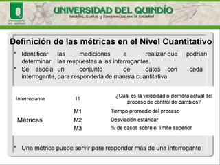 •Identificarlasmedicionesarealizarquepodríandeterminarlasrespuestasalasinterrogantes. 
•Seasociaunconjuntodedatosconcadainterrogante,pararesponderlademaneracuantitativa. 
•Unamétricapuedeservirpararespondermásdeunainterrogante 
Definición de las métricas en el Nivel Cuantitativo  