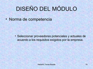 DISEÑO DEL MÓDULO Norma de competencia Seleccionar proveedores potenciales y actuales de acuerdo a los requisitos exigidos por la empresa. 