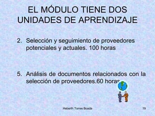 EL MÓDULO TIENE DOS UNIDADES DE APRENDIZAJE Selección y seguimiento de proveedores potenciales y actuales. 100 horas Análisis de documentos relacionados con la selección de proveedores.60 horas 