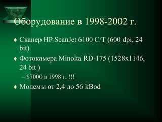 Оборудование в 1998-2002 г.
 Сканер HP ScanJet 6100 C/T (600 dpi, 24
bit)
 Фотокамера Minolta RD-175 (1528x1146,
24 bit )
– $7000 в 1998 г. !!!
 Модемы от 2,4 до 56 kBod
 