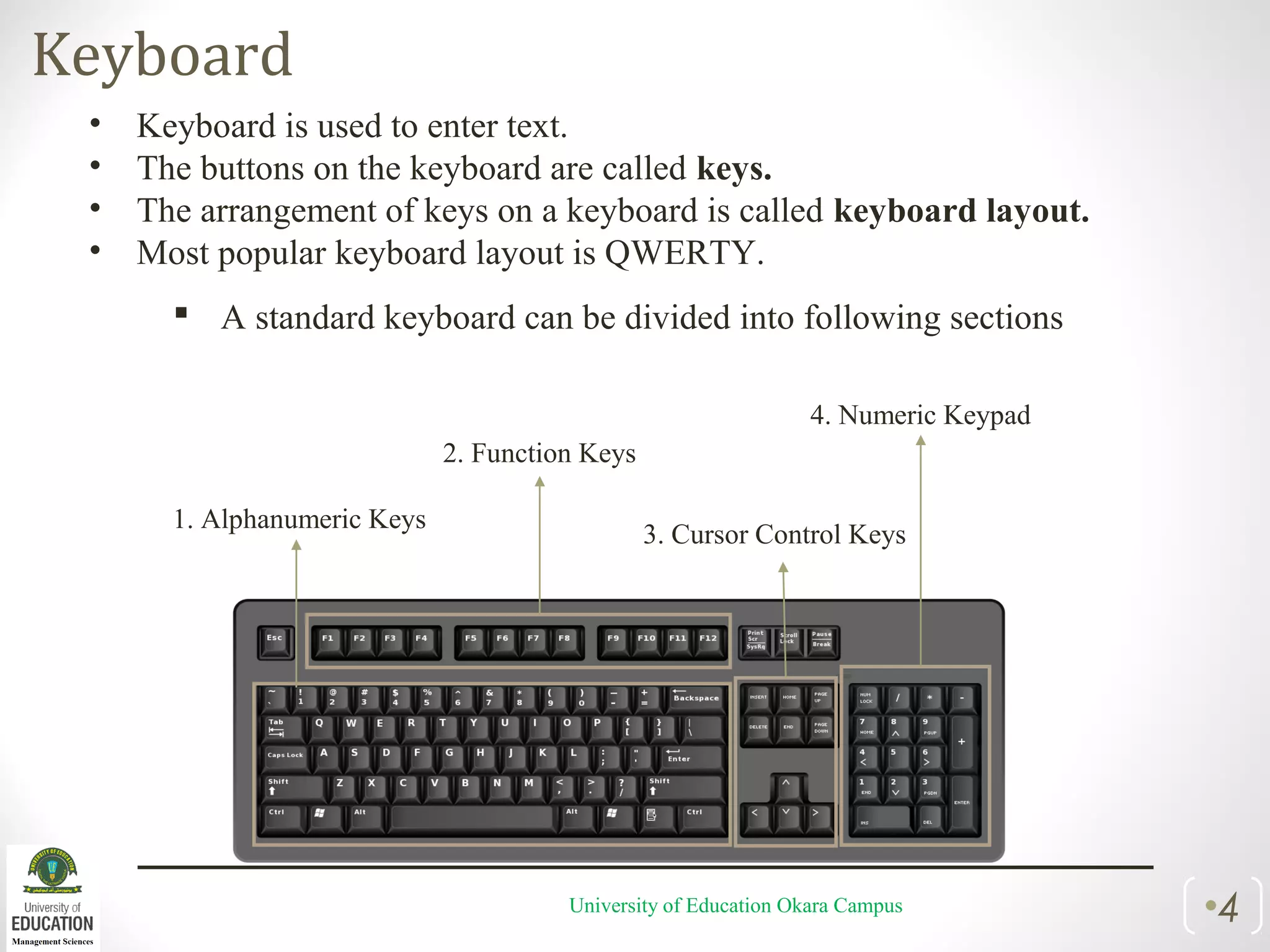 Keyboard
University of Education Okara Campus •4
• Keyboard is used to enter text.
• The buttons on the keyboard are called keys.
• The arrangement of keys on a keyboard is called keyboard layout.
• Most popular keyboard layout is QWERTY.
4. Numeric Keypad
3. Cursor Control Keys
2. Function Keys
1. Alphanumeric Keys
 A standard keyboard can be divided into following sections
 