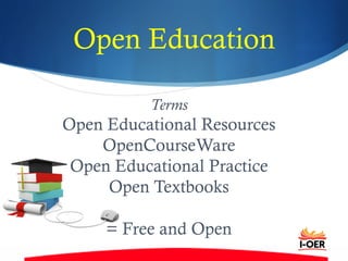 Terms
Open Educational Resources
OpenCourseWare
Open Educational Practice
Open Textbooks
= Free and Open
Open Education
 