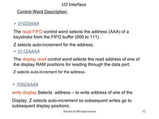 Advanced Microprocessor I/O Interface Control Word Description:  010Z0AAA The  read FIFO  control word selects the address (AAA) of a keystroke from the FIFO buffer (000 to 111). Z selects auto-increment for the address .  011ZAAAA The  display read  control word   selects the read address of one of the display RAM positions for reading through the data port.   Z selects auto-increment for the address .  100ZAAAA write display  Selects  address – to write address of one of the  Display. Z selects auto-increment so subsequent writes go to subsequent display positions. 