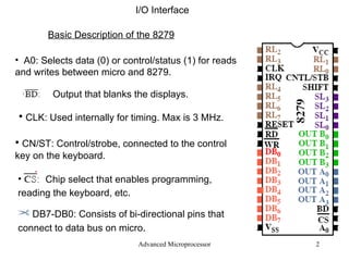 Advanced Microprocessor I/O Interface Basic Description of the 8279 A0: Selects data (0) or control/status (1) for reads and writes between micro and 8279. Output that blanks the displays. CLK: Used internally for timing. Max is 3 MHz. CN/ST: Control/strobe, connected to the control key on the keyboard. Chip select that enables programming, reading the keyboard, etc .  DB7-DB0: Consists of bi-directional pins that connect to data bus on micro . 