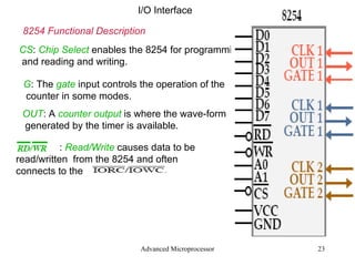 Advanced Microprocessor I/O Interface 8254 Functional Description CS :  Chip Select  enables the 8254 for programming, and reading and writing. G : The  gate  input controls the operation of the counter in some modes. OUT : A  counter output  is where the wave-form generated by the timer is available. :  Read/Write  causes data to be  read/written  from the 8254 and often  connects to the 