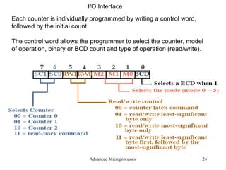 Advanced Microprocessor I/O Interface Each counter is individually programmed by writing a control word, followed by the initial count. The control word allows the programmer to select the counter, model of operation, binary or BCD count and type of operation (read/write). 