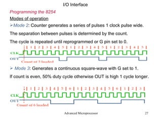 Advanced Microprocessor I/O Interface Programming the 8254  Modes of operation Mode 2 : Counter generates a series of pulses 1 clock pulse wide. The separation between pulses is determined by the count. The cycle is repeated until reprogrammed or G pin set to 0. Mode 3 : Generates a continuous square-wave with G set to 1. If count is even, 50% duty cycle otherwise OUT is high 1 cycle longer. 