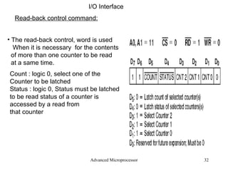 Advanced Microprocessor I/O Interface Read-back control command: The read-back control, word is used  When it is necessary  for the contents of more than one counter to be read  at a same time. Count : logic 0, select one of the  Counter to be latched Status : logic 0, Status must be latched to be read status of a counter is accessed by a read from that counter 