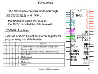 Advanced Microprocessor I/O Interface The 16550 can control a modem through  and the modem is called the  data set the 16550 is called the  data terminal . 16550 Pin function:  A0, A1 and A2: Select an internal register for programming and data transfer. . 