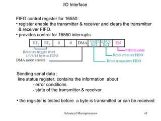 Advanced Microprocessor I/O Interface FIFO control register for 16550: register enable the transmitter & receiver and clears the transmitter & receiver FIFO. provides control for 16550 interrupts Sending serial data : line status register, contains the information  about  - error conditions  - state of the transmitter & receiver the register is tested before  a byte is transmitted or can be received 