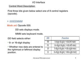 Advanced Microprocessor I/O Interface First three bits given below select one of 8 control registers (opcode). Control Word Description: 000DDMMM Mode set : Opcode 000. DD sets displays mode. MMM sets keyboard mode. DD field selects either: 8- or 16-digit display Whether new data are entered to the rightmost or leftmost display position. 