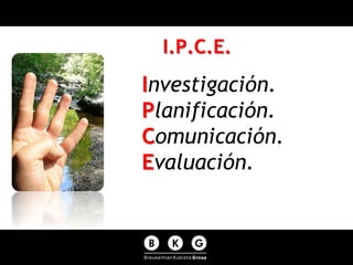 I.P.C.E.
Investigación.
Planificación.
Comunicación.
Evaluación.
 