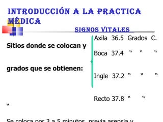 Axila  36.5  Grados  C. Sitios donde se colocan y   Boca  37.4  “  “  “  grados que se obtienen:   Ingle  37.2  “  “  “  Recto 37.8  “  “  “  Se coloca por 3 a 5 minutos, previa asepsia y preparación, se lee el termómetro colocándolo contra La luz.  INTRODUCCIÓN A LA PRACTICA MÉDICA SIGNOS VITALES  