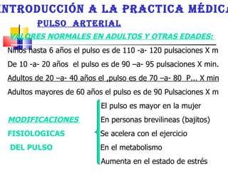 VALORES NORMALES EN ADULTOS Y OTRAS EDADES:  Niños hasta 6 años el pulso es de 110 -a- 120 pulsaciones X m De 10 -a- 20 años  el pulso es de 90 –a- 95 pulsaciones X min. Adultos de 20 –a- 40 años el ,pulso es de 70 –a- 80  P... X min Adultos mayores de 60 años el pulso es de 90 Pulsaciones X m  El pulso es mayor en la mujer  MODIFICACIONES  En personas brevilineas (bajitos)  FISIOLOGICAS  Se acelera con el ejercicio  DEL PULSO  En el metabolismo  Aumenta en el estado de estrés  INTRODUCCIÓN A LA PRACTICA MÉDICA PULSO  ARTERIAL 