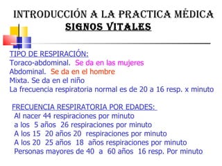 INTRODUCCIÓN A LA PRACTICA MÉDICA  SIGNOS VITALES TIPO DE RESPIRACIÓN:   Toraco-abdominal.  Se da en las mujeres  Abdominal.  Se da en el hombre   Mixta. Se da en el niño  La frecuencia respiratoria normal es de 20 a 16 resp. x minuto FRECUENCIA RESPIRATORIA POR EDADES:  Al nacer 44 respiraciones por minuto  a los  5 años  26 respiraciones por minuto  A los 15  20 años 20  respiraciones por minuto  A los 20  25 años  18  años respiraciones por minuto Personas mayores de 40  a  60 años  16 resp. Por minuto  