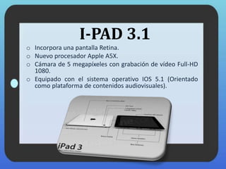 I-PAD 3.1
o Incorpora una pantalla Retina.
o Nuevo procesador Apple A5X.
o Cámara de 5 megapíxeles con grabación de vídeo Full-HD
1080.
o Equipado con el sistema operativo IOS 5.1 (Orientado
como plataforma de contenidos audiovisuales).
 