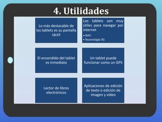 4. Utilidades
Lo más destacable de
los tablets es su pantalla
táctil
Los tablets son muy
útiles para navegar por
internet
•WIFI
•Teconología 3G
El encendido del tablet
es inmediato
Un tablet puede
funcionar como un GPS
Lector de libros
electrónicos
Aplicaciones de edición
de texto o edición de
imagen y vídeo
 