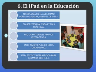6. El iPad en la Educación
TECNOLOGÍA EN EL AULA COMO
FORMA DE PENSAR, FUENTES DE IDEAS.
CLASES PERSONALIZADAS Y MÁS
PRÁCTICAS.
USO DE MATERIALES PROPIOS
INTERACTIVOS.
EN EL ÁMBITO PÚBLICO NO ES
OBLIGATORIO.
iPAD, POTENTE HERRAMIENTA PARA
ALUMNOS CON N.E.E.
 