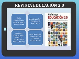 REVISTA EDUCACIÓN 3.0
GUÍA
COMPLETA DE
APLICACIONES
EDUCATIVAS
OBSERVACIÓN Y
OPINIÓN DE
DOCENTES
MEJORES
APLICACIONES
PARA LAS
ASIGNATURAS
MÁS COMUNES
INCLUYE DATOS
DE INTERES EN
CADA APP
SELECIONADA
 