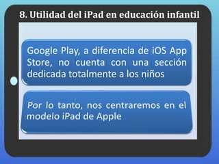 8. Utilidad del iPad en educación infantil
Google Play, a diferencia de iOS App
Store, no cuenta con una sección
dedicada totalmente a los niños
 
