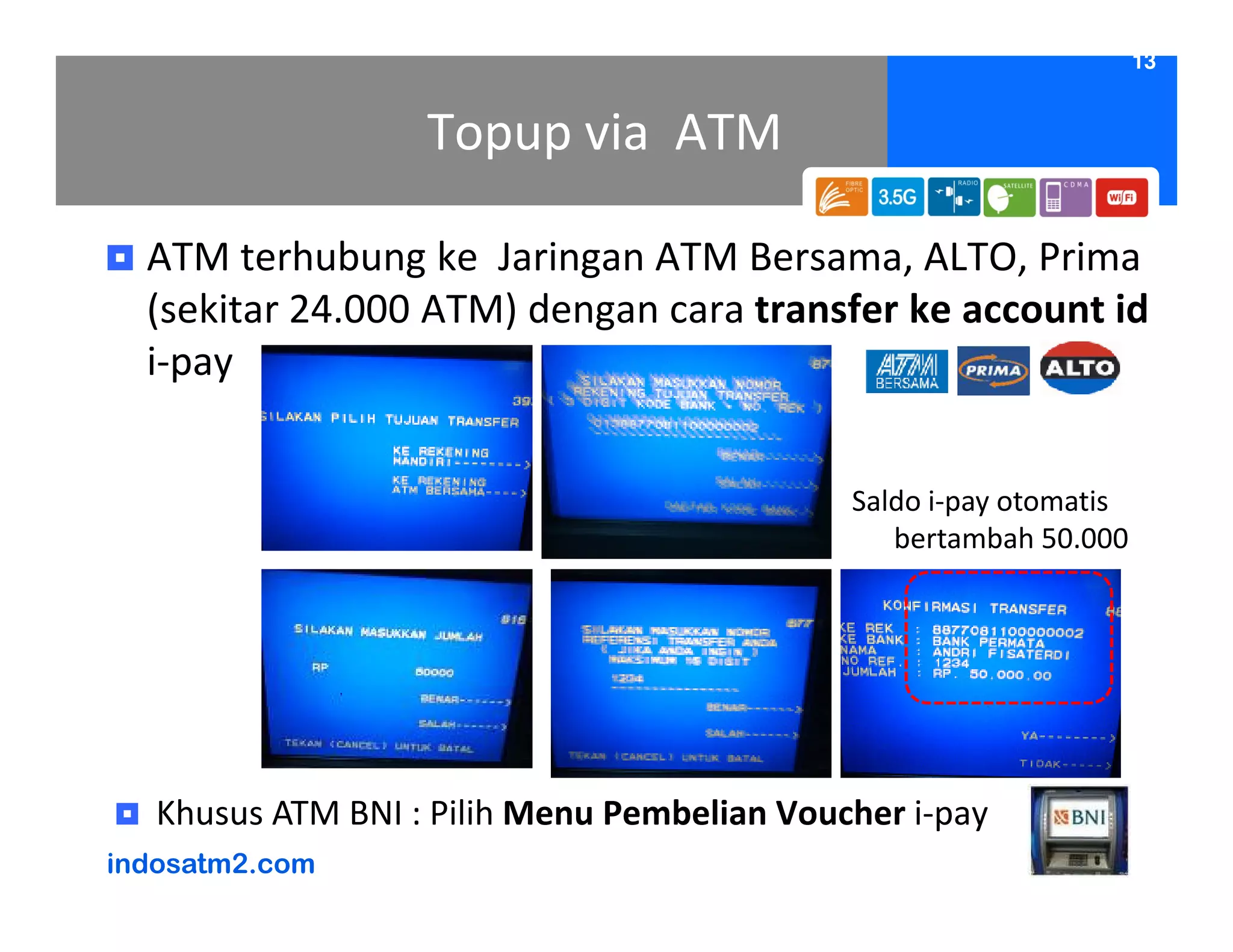 13


                   Topup via ATM

  ATM terhubung ke Jaringan ATM Bersama, ALTO, Prima
  (sekitar 24.000 ATM) dengan cara transfer ke account id
  i-pay


                                             Saldo i-pay otomatis
                                                bertambah 50.000




   Khusus ATM BNI : Pilih Menu Pembelian Voucher i-pay
indosatm2.com
 
